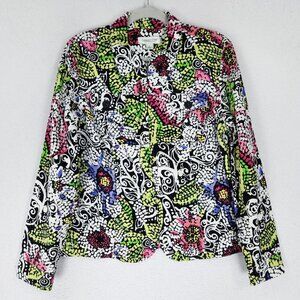 Coldwater Creek Jacket Womens Large White Green Cotton Full Zip Lightweight